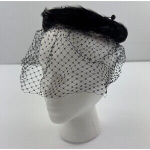 Vintage Jane Morgan New York Black Feather Halo Hat Birdcage Veil Fascinator